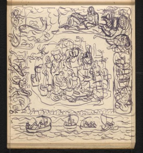 Figures with attributes in various poses before sailing ships in a frame with maritime motifs