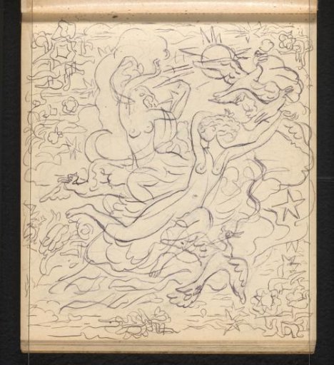 Two floating women in a transparent garment surrounded by birds