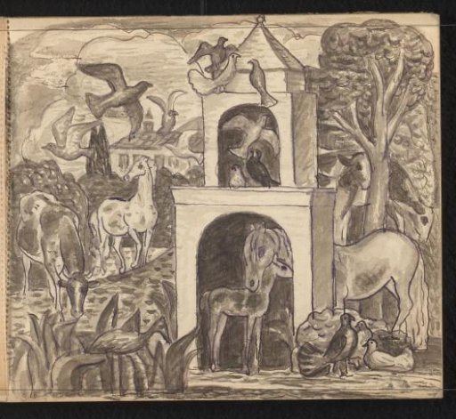 Fantastical landscape with horses, cattle, and birds