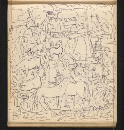 Fantastical landscape with windmills, farmers, cattle, horses, and waterfowl