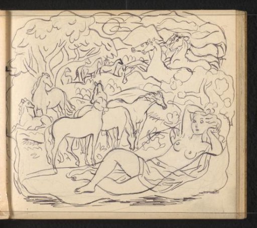 Reclining nude woman in a fantastical landscape with horses