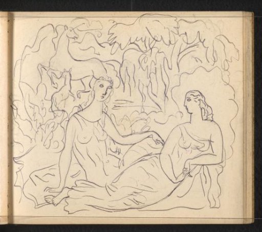 Two women in a transparent garment in a fantastical landscape with horses