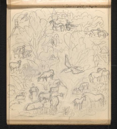 Fantastical landscape with farmers, cattle, horses, and a bird