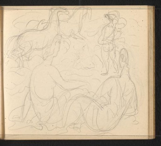 Two half-nude women seen from behind, a standing figure seen from behind, and two horses
