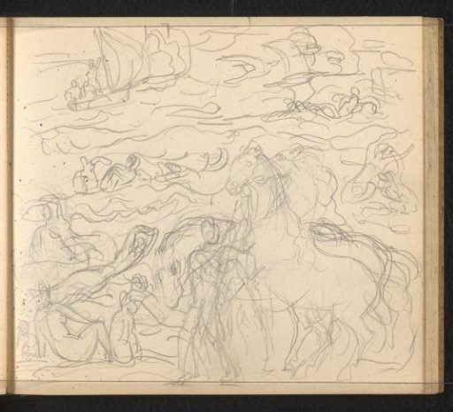 Horses and figures in various poses by the sea