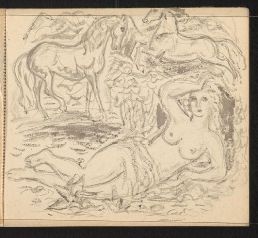 Reclining nude woman in a fantastical landscape with two horses
