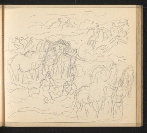 Horses and figures in various poses by the sea