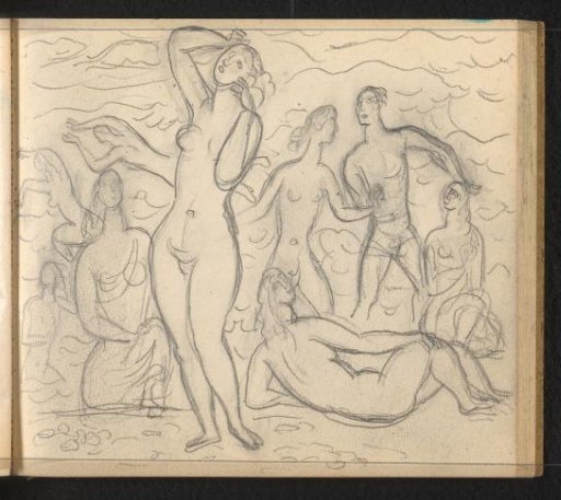 Nude and half-nude women in various poses and a standing half-nude man
