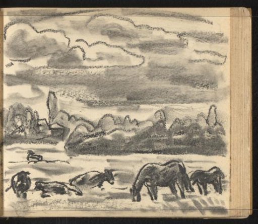 Pastoral landscape with grazing horses and cattle