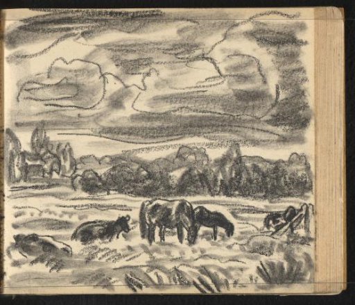 Pastoral landscape with grazing horses and cattle