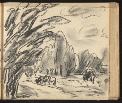 Pastoral landscape with a tree and grazing cattle