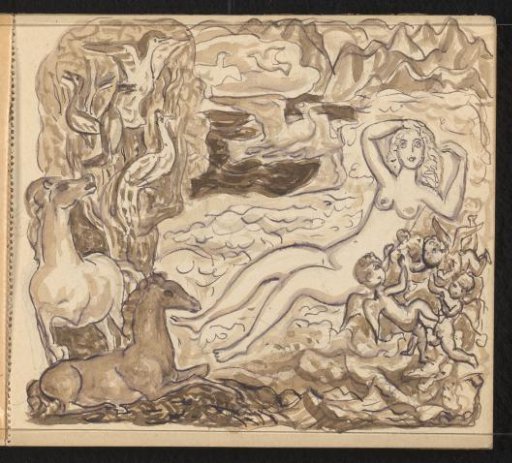 Reclining nude woman in a fantastical landscape with two horses, three putti, and birds