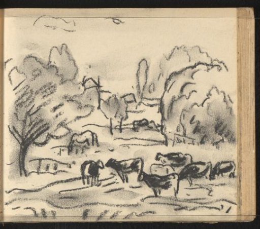 Pastoral landscape with a grazing horse and grazing cattle
