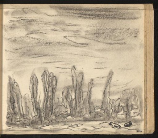 Pastoral landscape with trees and two cattle