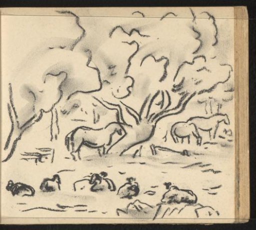 Pastoral landscape with trees, horses, and cattle
