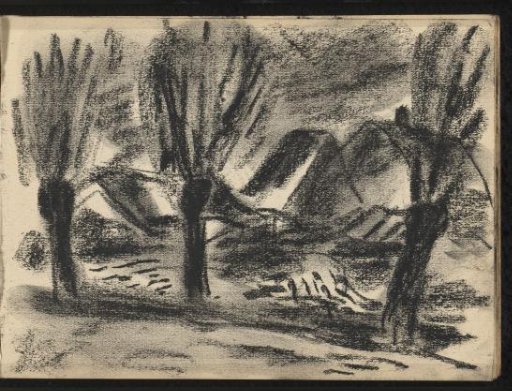 Landscape with three willows along a road with houses in the background