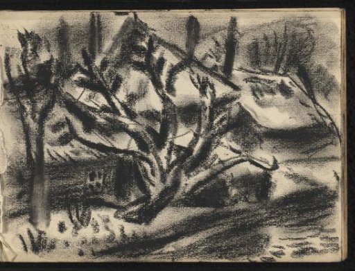 Landscape with trees along a road and houses in the background