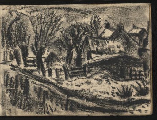 Landscape with a country road with willows along it and a village