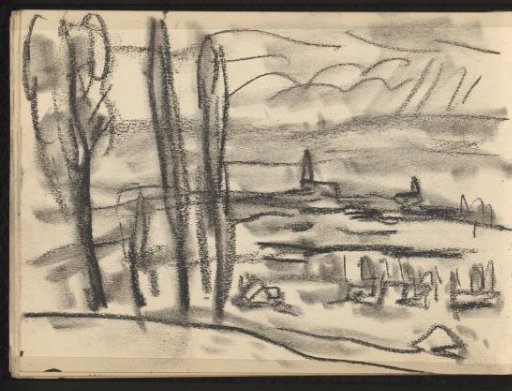 Landscape with a row of trees and two churches