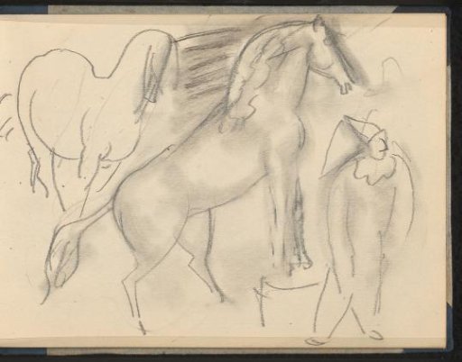 Two horses and a standing figure