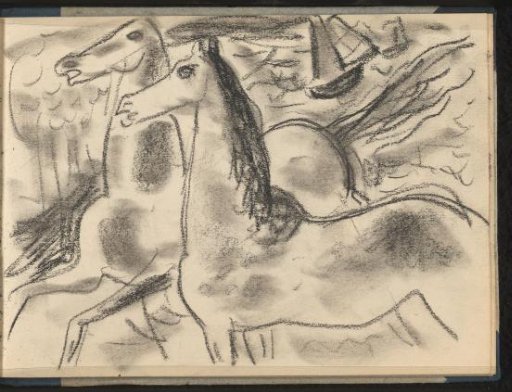 Two galloping horses with boats in the background