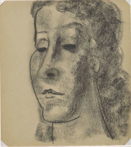Portrait of a woman, three-quarter length, facing left