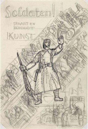 Design sketch for a poster on art protection propaganda in the army, sketch of a soldier with two diagonal friezes in the background