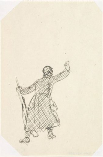 Design sketch for a poster on art protection propaganda in the army, sketch of a soldier seen from the back