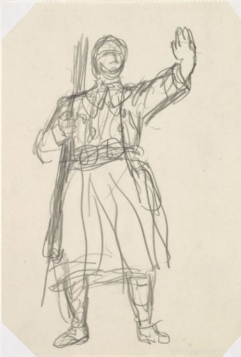 Design sketch for a poster on art protection propaganda in the army, sketch of a soldier making a stop sign with his left hand