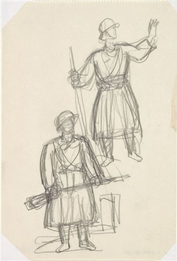 Design sketch for a poster on art protection propaganda in the army, sketch with two soldiers.