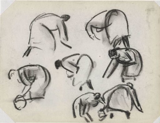 Study Sheet with Seven Sketches of Bent Potato Diggers