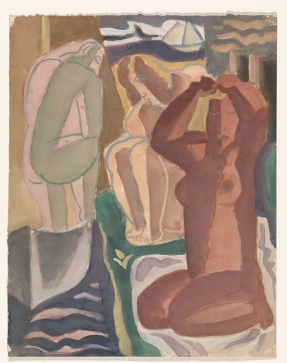 Two bathing women and a figure from behind