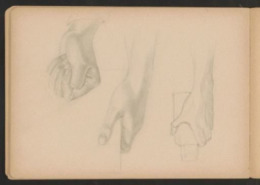 Hands holding objects and a fist