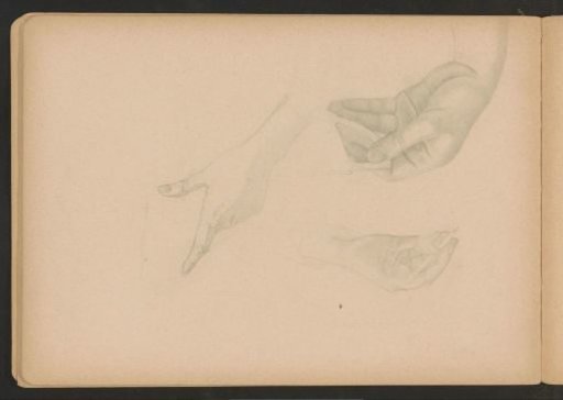 Writing hand, hand holding a cup, and pointing hand