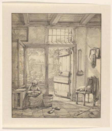 Kitchen Interior with View of a Garden (by Abraham van Strij)