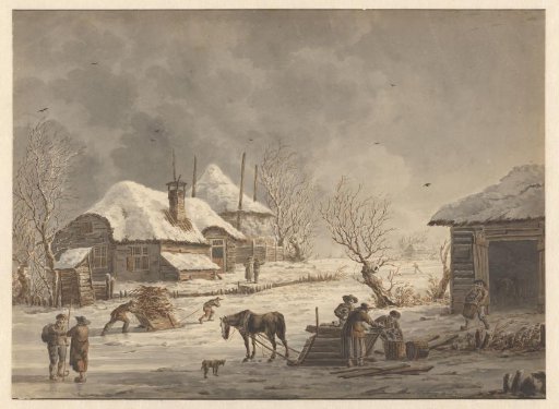 Winter landscape with people gathering peat and branches