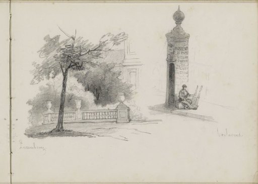 Jardin du Luxembourg and a man by an advertising column in Paris