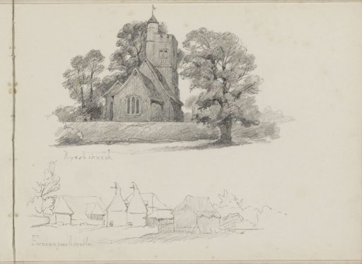 Exterior of a church and hop kilns