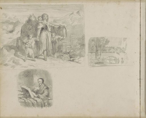 Woman, Children, and Donkey on a Path in a Mountain Landscape