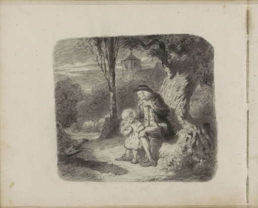 Old man and child under a tree by a path