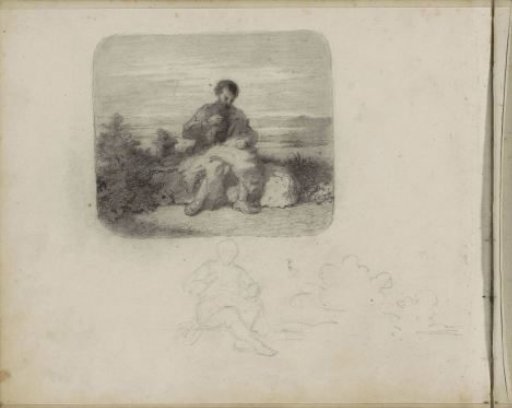 Man with a piece of cloth sitting in a landscape