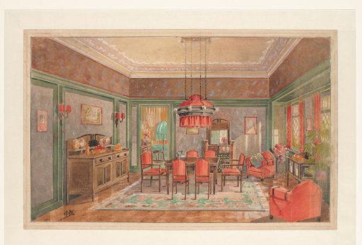 Dining room with red chairs