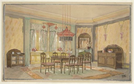 Dining room with yellow walls and a red lamp