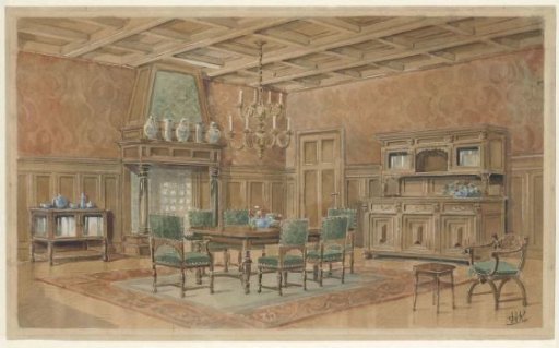 Dining Room with a Fireplace in Renaissance Style