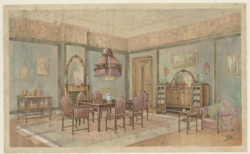 Dining Room with a Cabinet with Orange Tableware