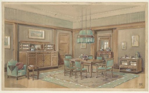 Dining room with a green band along the walls
