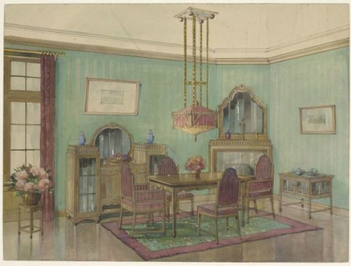 Interior of dining room with corner chimney