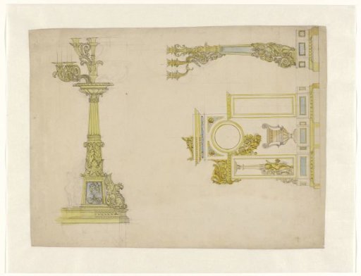 Design for a pendulum clock and two candelabra