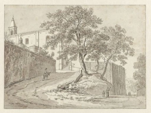 A man on a donkey before San Pietro in Montorio, Rome