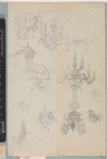 Designs for a candelabrum and its parts, a table centerpiece, and an incense burner